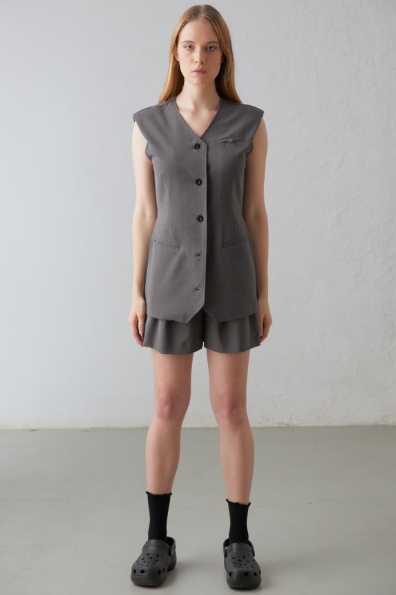 ジャケット・アウター moripn. Frill tailored vest / gray RIRANCHA Stretch Short Sleeve Jacket - Gray [A02_G251L541